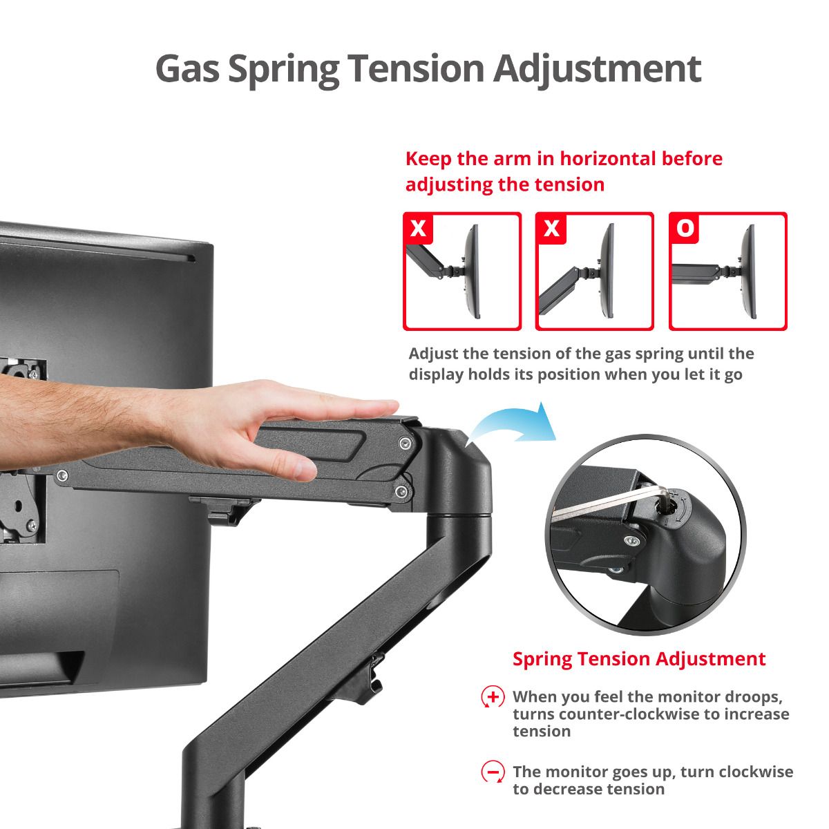 Single Monitor Gas Spring C-Clamp Desk Mount -17 to 27", Max Load 14.3 lbs