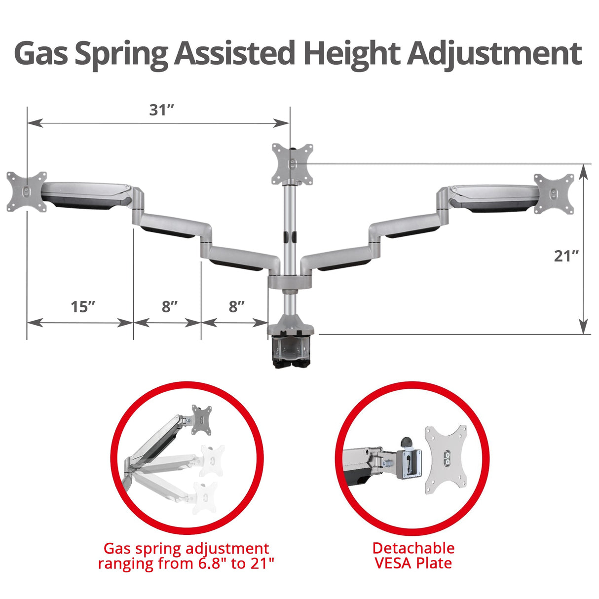 Triple Monitor Aluminum Gas Spring Desk Mount - 13" to 32" - 15.4 lbs each- Detachable VESA plate