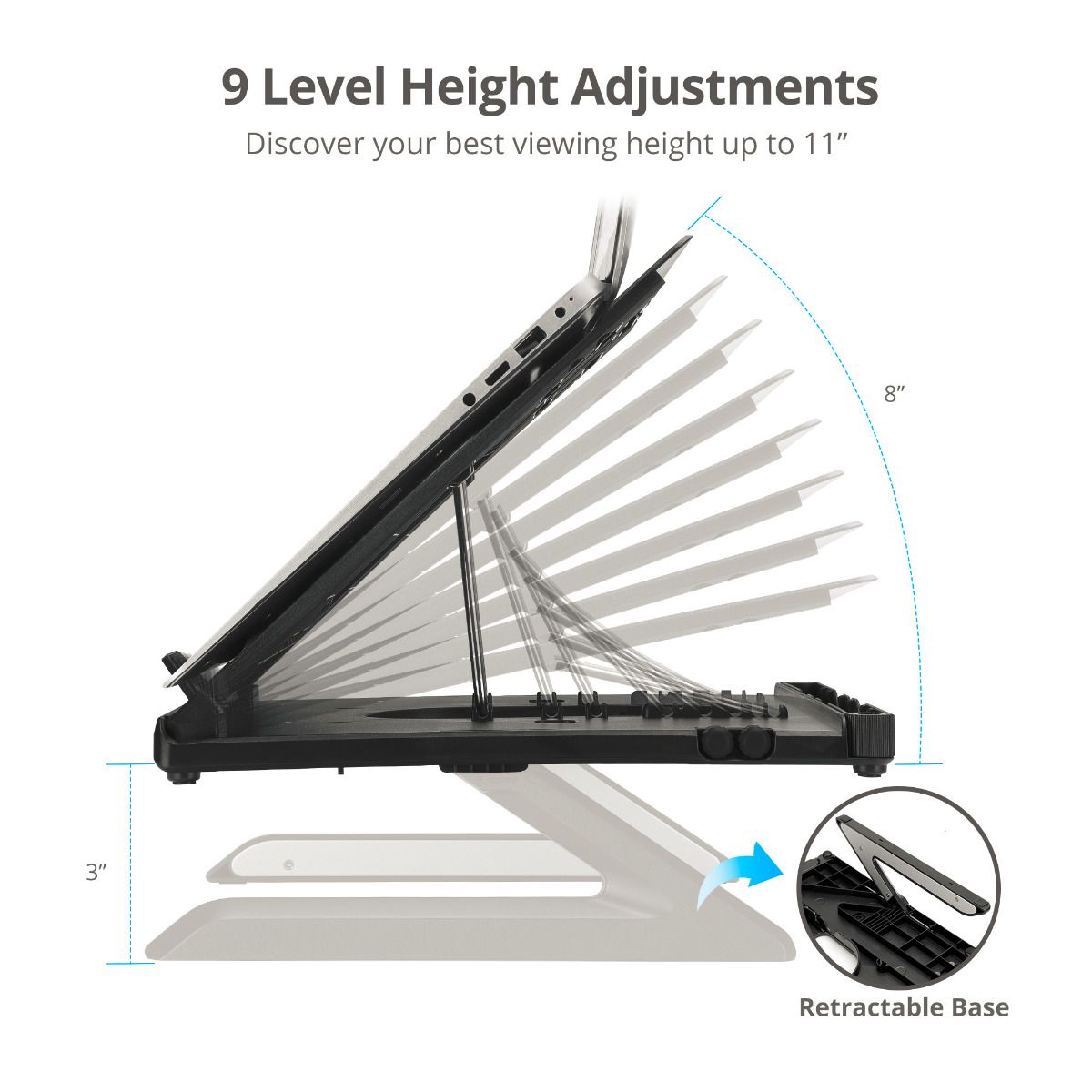 Adjustable Riser Stand Holder for Laptop & Smart Phone, Fits Laptop Size up to 17", Max Load 22Ibs, 9-level tilt adjustment, Foldable