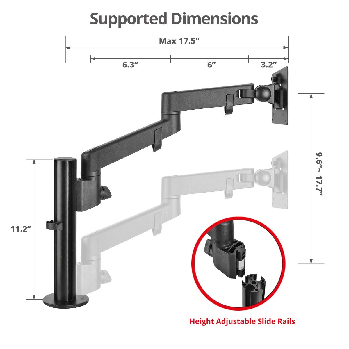 Single Arm Pole Multi-Angle Replaceable Articulating Monitor Desk Mount - 14~30"- 17.6lbs each- Detachable VESA plate