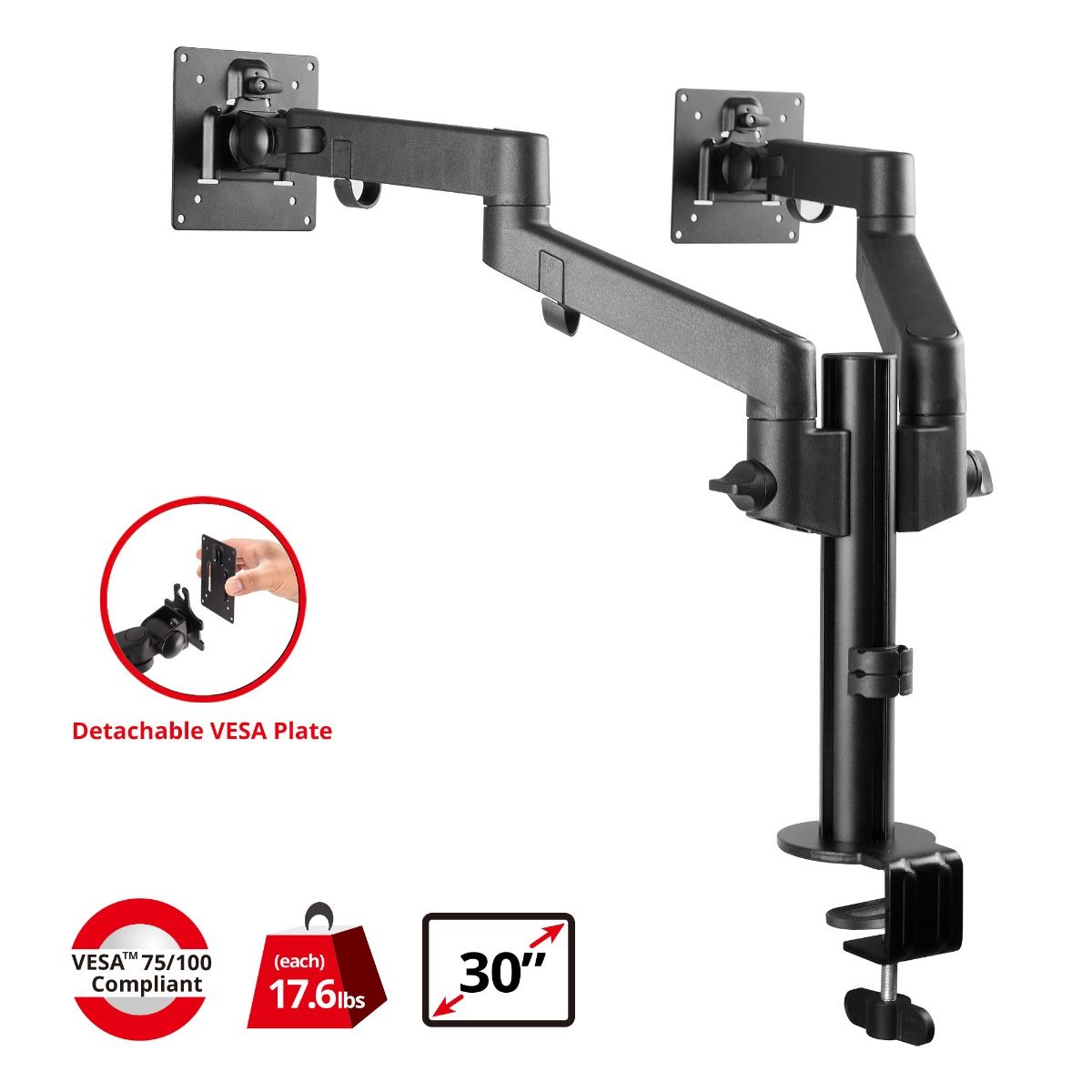 Dual Arm Pole Multi-Angle Replaceable Articulating Monitor Desk Mount- Fits 14~30" monitors - Max load17.6lbs each- Detachable VESA plate