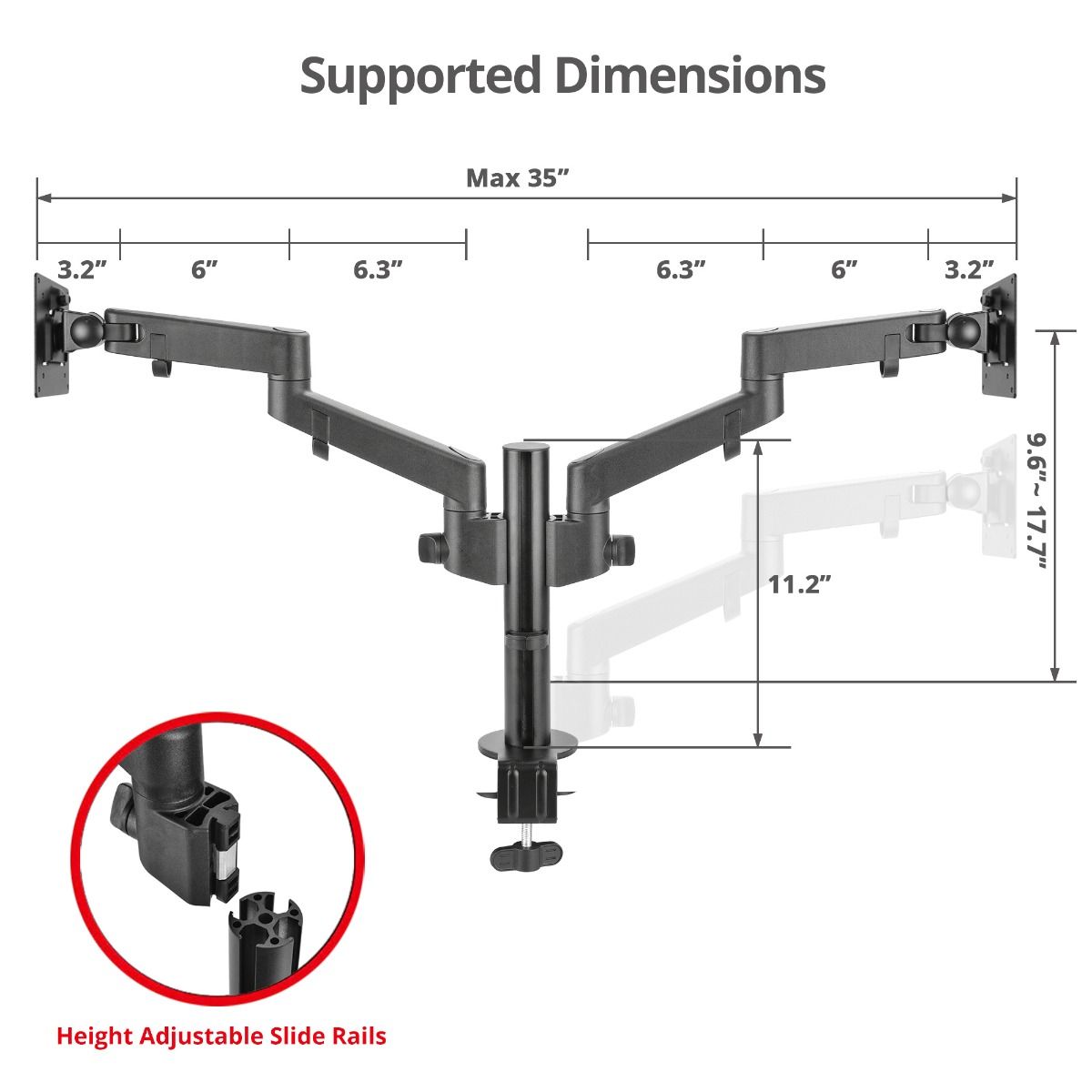 Dual Arm Pole Multi-Angle Replaceable Articulating Monitor Desk Mount- Fits 14~30" monitors - Max load17.6lbs each- Detachable VESA plate