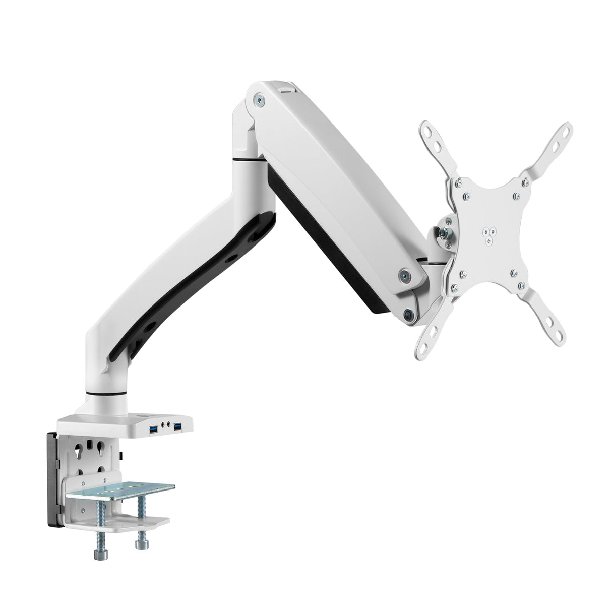 Heavy Duty Gas Spring Single Monitor Arm - Desk Mount, 17" to 49", 50.7 lbs Max, Aluminum, VESA 75x75, 100x100, 200x200mm, Quick Access USB 3.0 & Audio Port