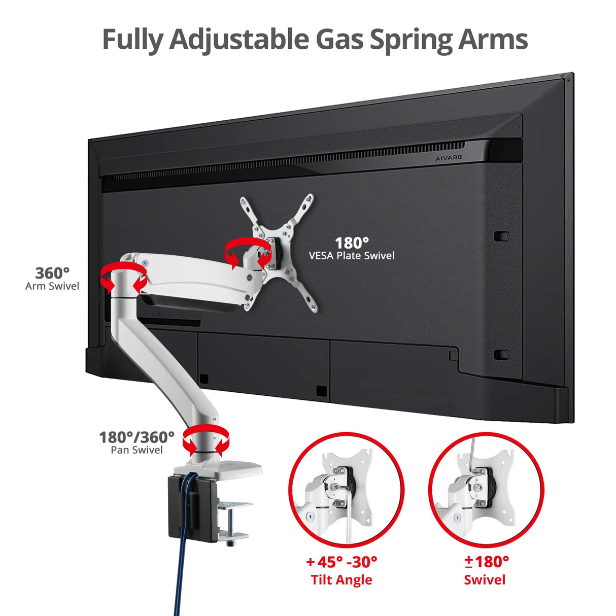 Heavy Duty Gas Spring Single Monitor Arm - Desk Mount, 17" to 49", 50.7 lbs Max, Aluminum, VESA 75x75, 100x100, 200x200mm, Quick Access USB 3.0 & Audio Port