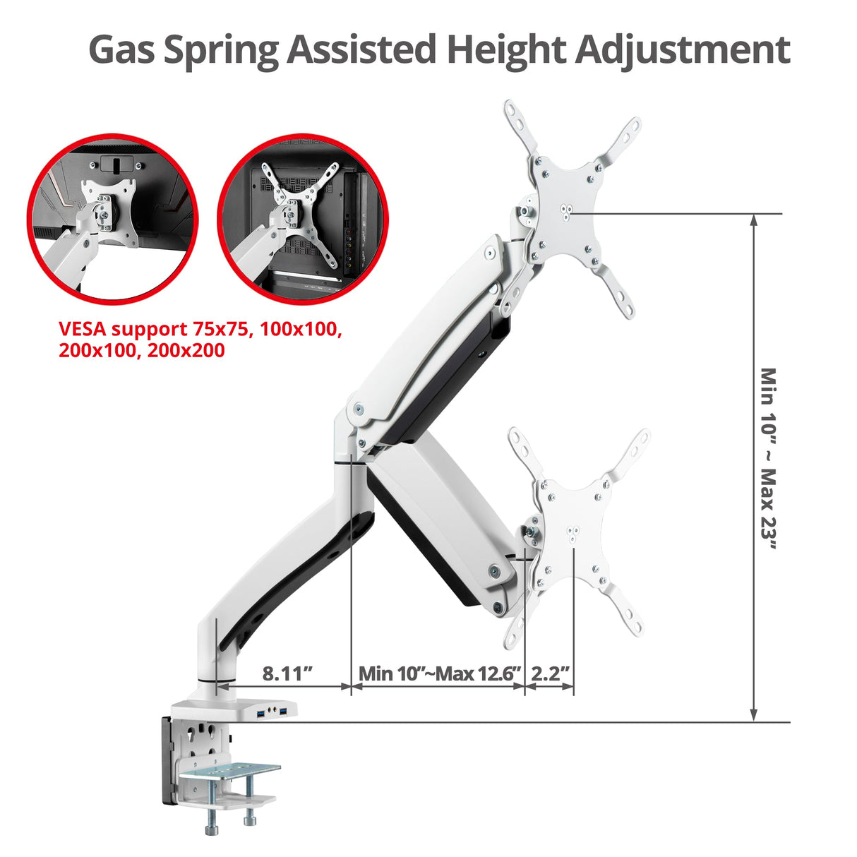 Heavy Duty Gas Spring Single Monitor Arm - Desk Mount, 17" to 49", 50.7 lbs Max, Aluminum, VESA 75x75, 100x100, 200x200mm, Quick Access USB 3.0 & Audio Port