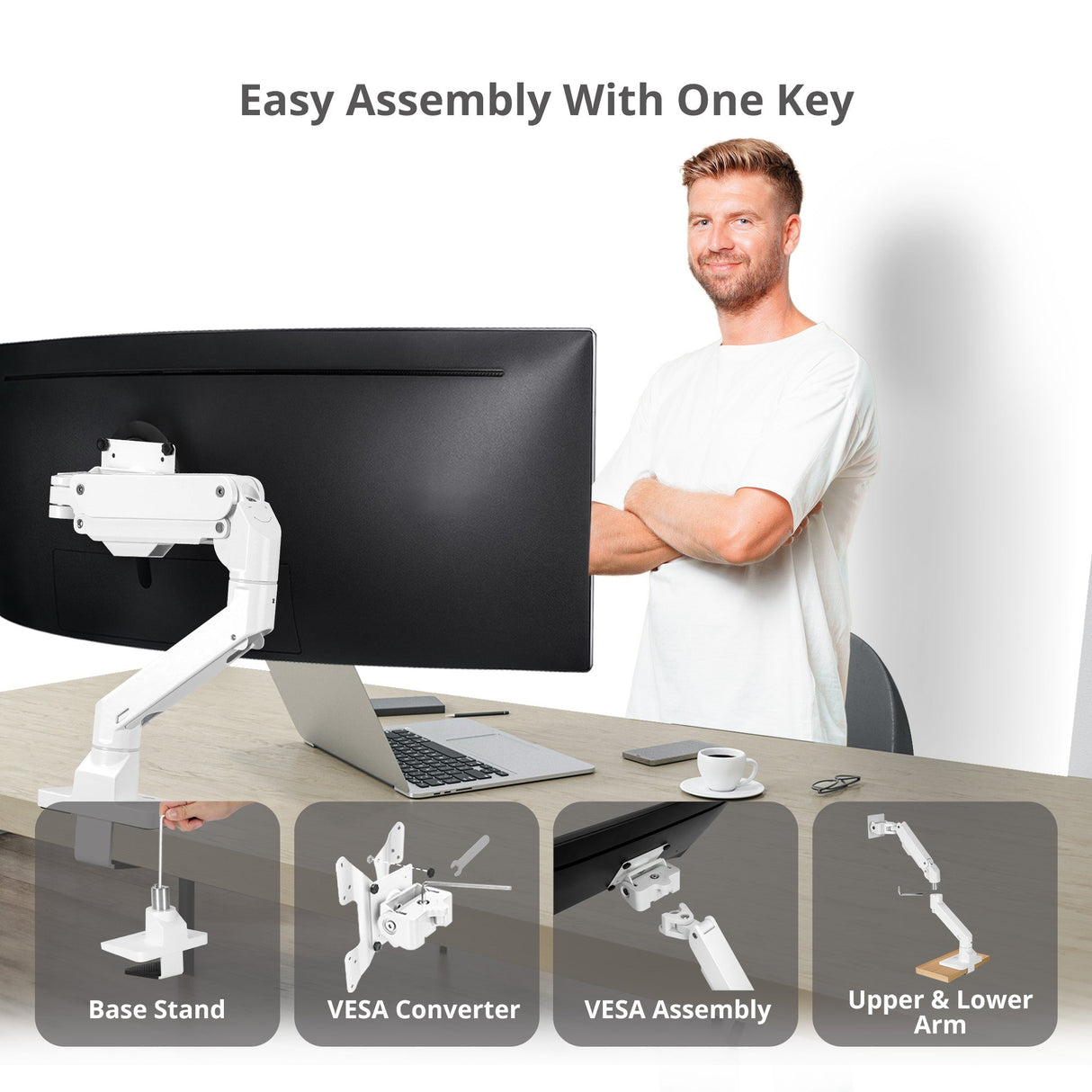 Single Heavy Duty 34"- 49" Monitor Arm Desk Mount with Easy Top Mounting - Load 22-44 lbs - VESA 75/100/200mm