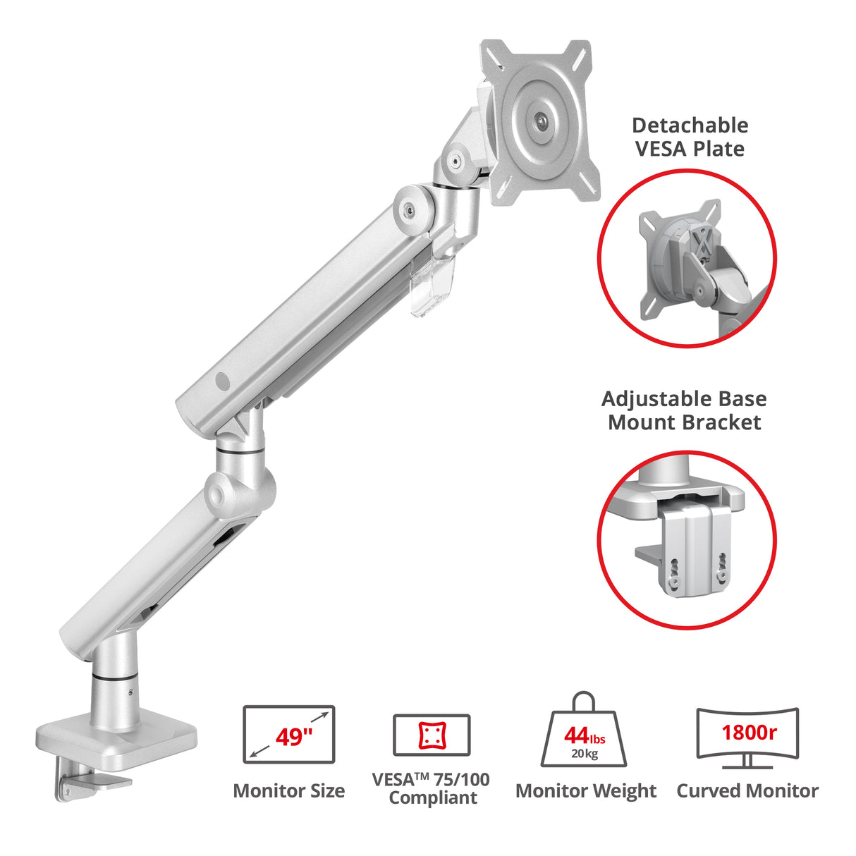 MTPRO Single 49 Inch Mechanical Spring Monitor Arm Top Mount - Up to 49”- Weight Between 4.4 - 44 lbs - VESA 75mm/100mm - TAA Compliant