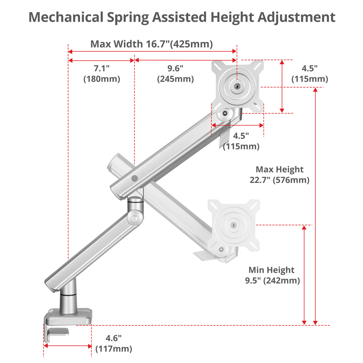 MTPRO Single 49 Inch Mechanical Spring Monitor Arm Top Mount - Up to 49”- Weight Between 4.4 - 44 lbs - VESA 75mm/100mm - TAA Compliant