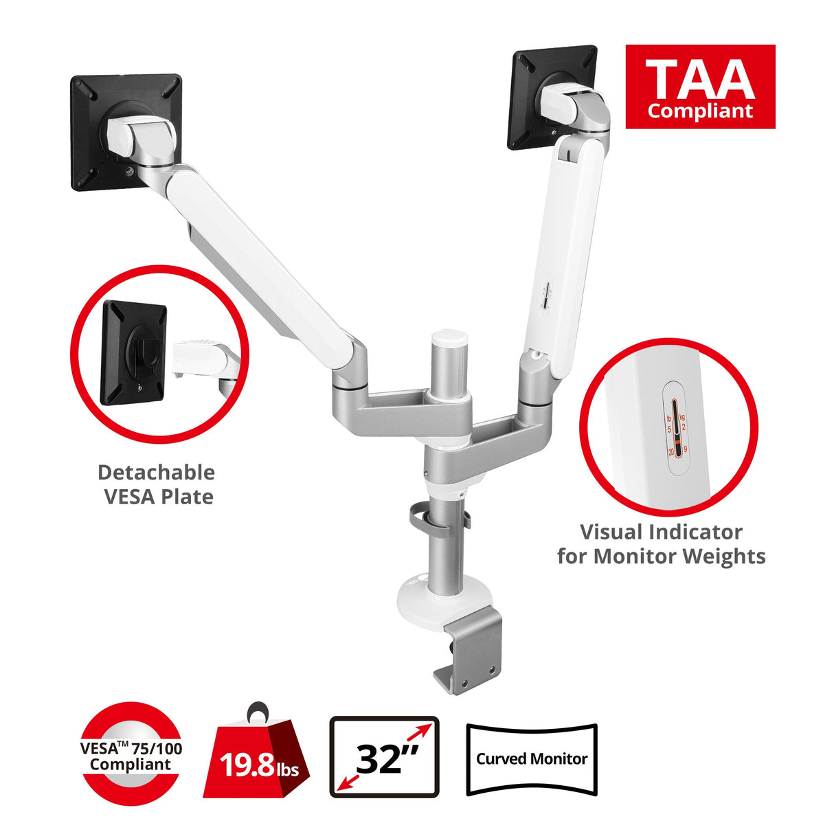 MTPRO Desk Mount Dual Monitor Arm - up to 32" Display - Max. Load 19.8 lbs - VESA 75/100mm - Mechanical Spring Design - TAA Compliant