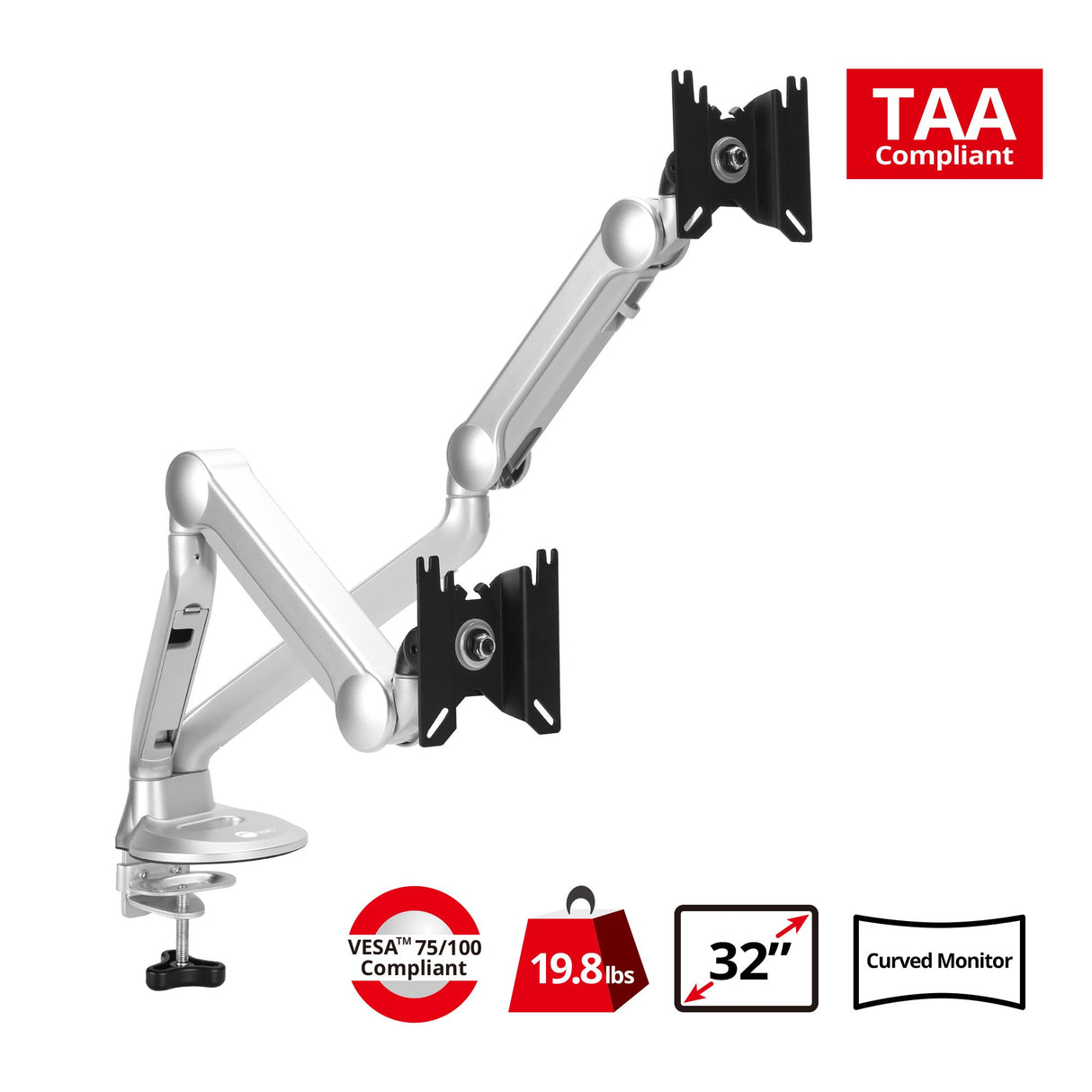 MTPRO Desk Mount Dual Gas Spring Monitor Arm - up to 32" Display - Max. Load 19.8 lbs - VESA 75/100mm - TAA Compliant