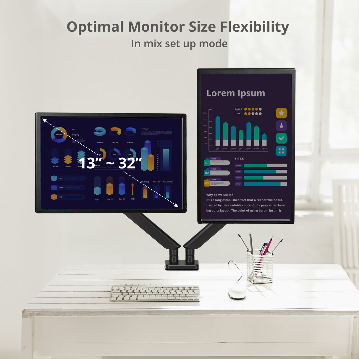 Dual Monitor Gas Spring Arm Desk Mount - 13" to 32" - Max Load 22 lbs - VESA 75/100mm
