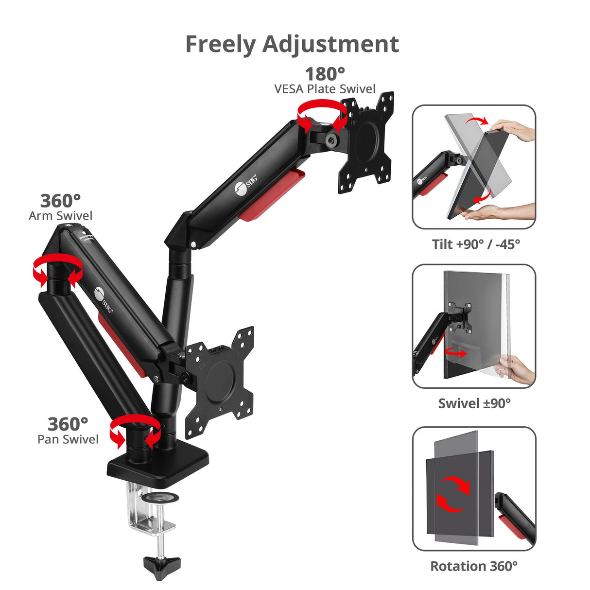 Dual Monitor Gas Spring Arm Desk Mount - 13" to 32" - Max Load 22 lbs - VESA 75/100mm
