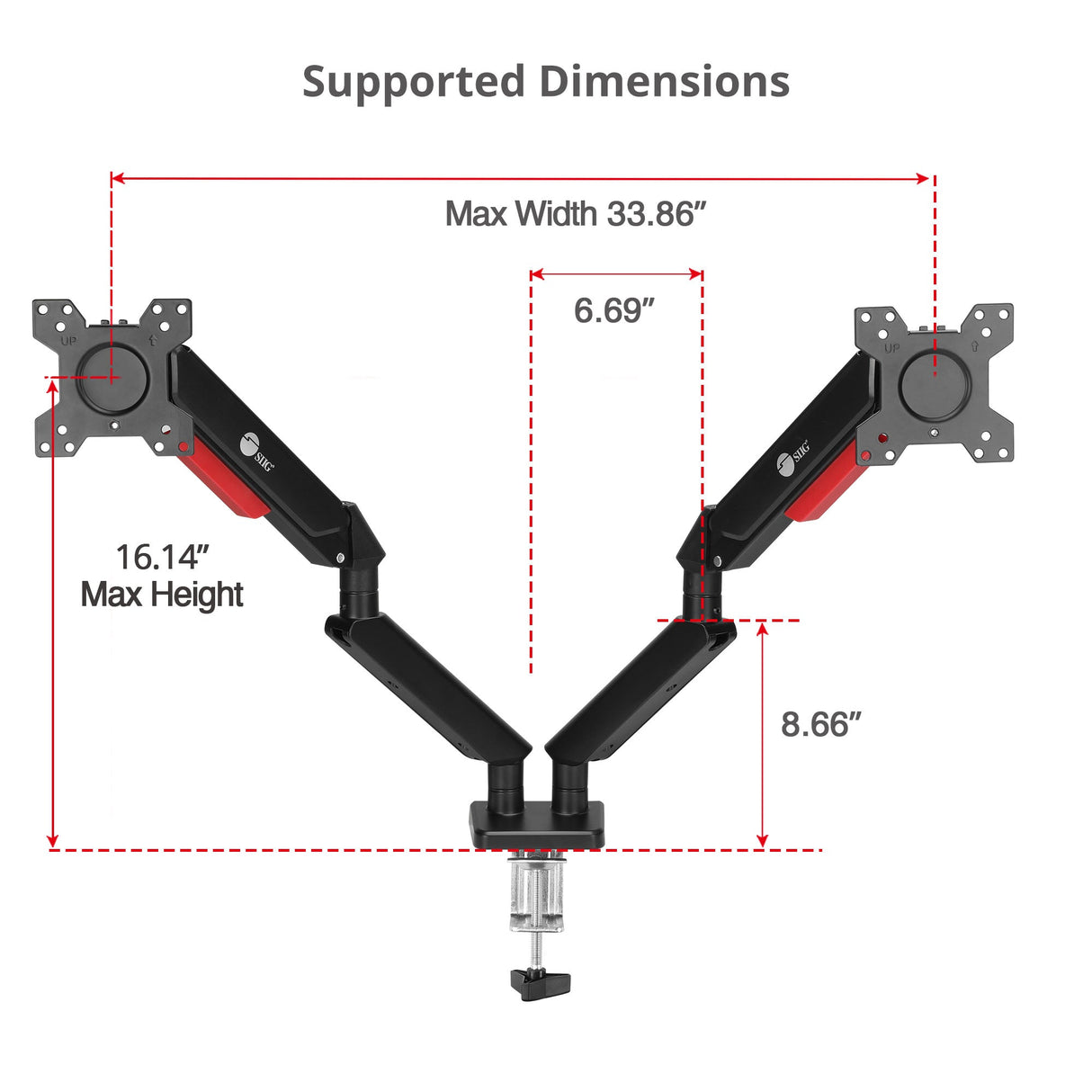 Dual Monitor Gas Spring Arm Desk Mount - 13" to 32" - Max Load 22 lbs - VESA 75/100mm