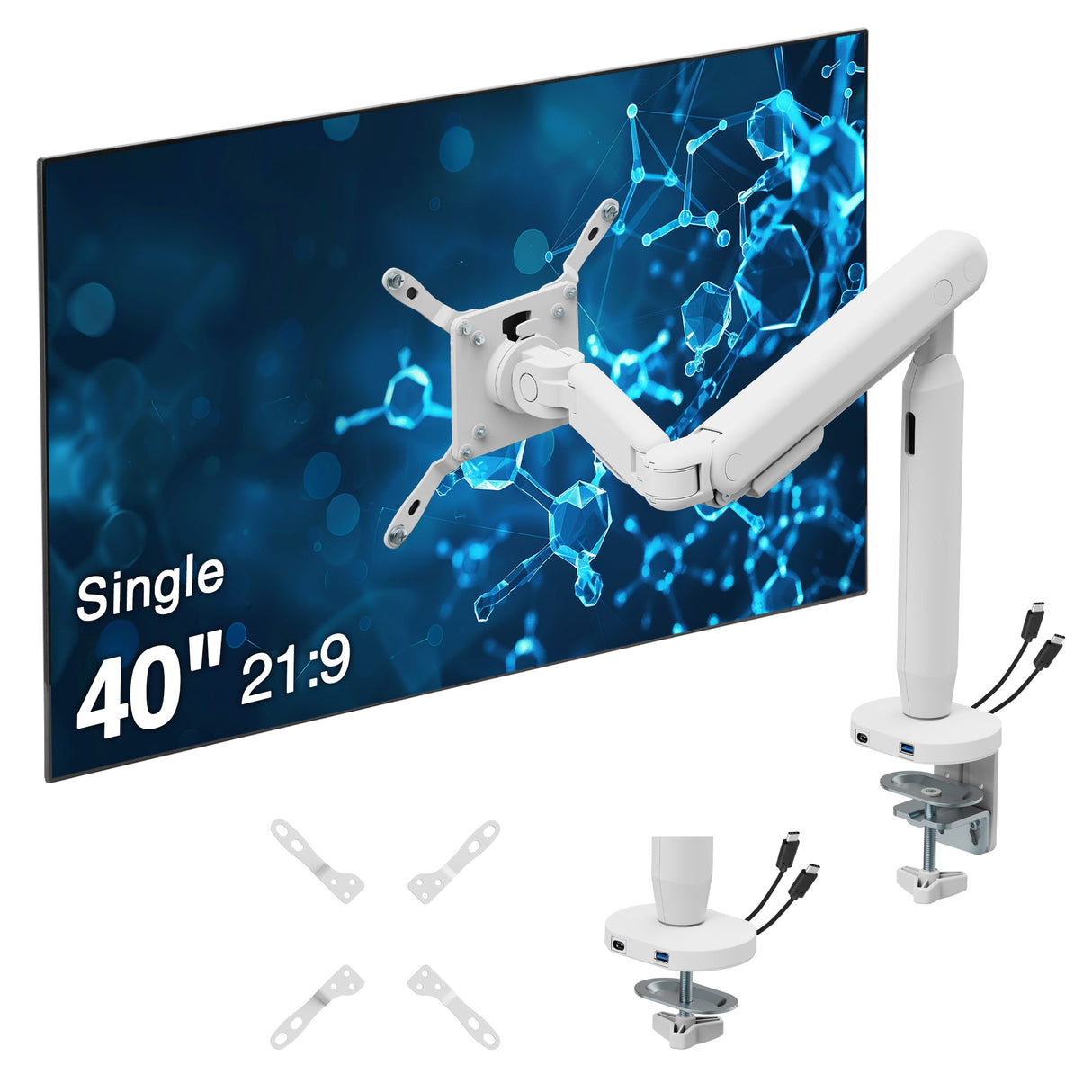 Single 40 Inch Ultrawide 3-Segment Easel Monitor Arm, Aluminum Pneumatic-Assist Stand with Full Motion Adjustment and Integrated USB-C/USB-A Ports – White
