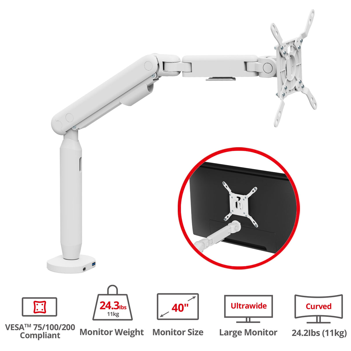 Single 40 Inch Ultrawide 3-Segment Easel Monitor Arm, Aluminum Pneumatic-Assist Stand with Full Motion Adjustment and Integrated USB-C/USB-A Ports – White
