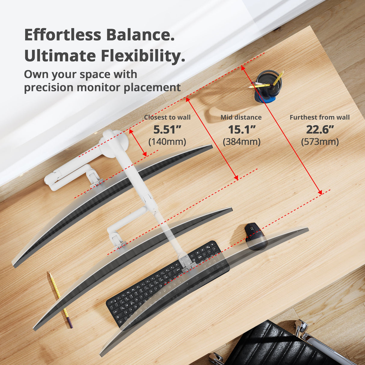 Single 40 Inch Ultrawide 3-Segment Easel Monitor Arm, Aluminum Pneumatic-Assist Stand with Full Motion Adjustment and Integrated USB-C/USB-A Ports – White