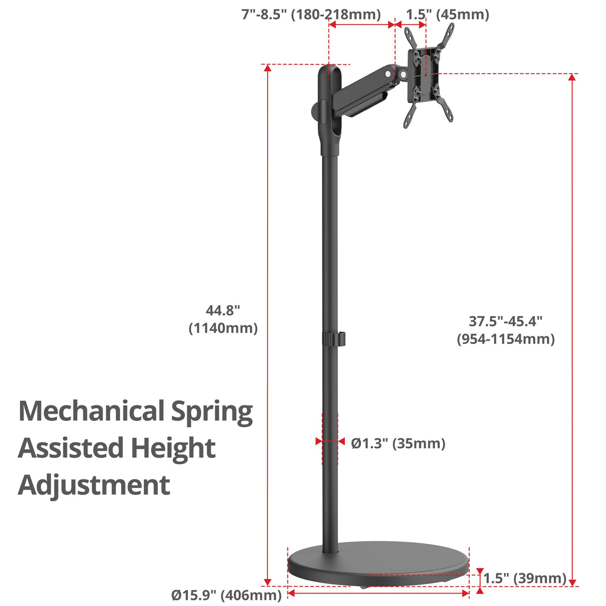 Single 43 Inch Portable Monitor Arm TV Rolling Stand- Black – Fits17"-43" Screens, up to 22 lbs, VESA Plate 75x75mm,100x100mm, 200x100mm, 200x200mm