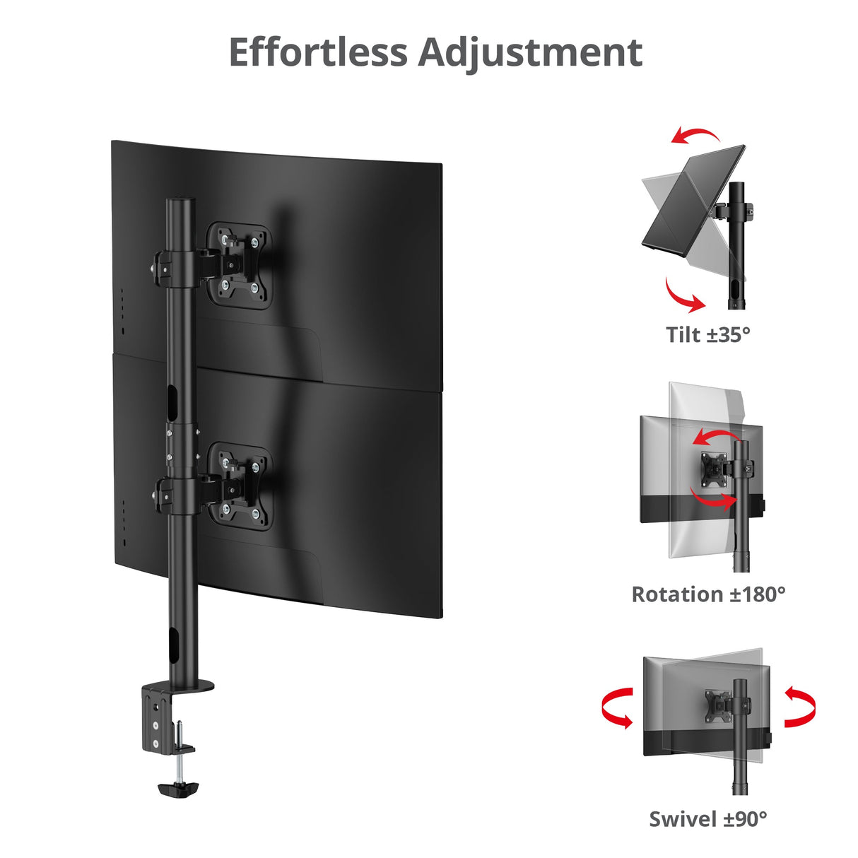 Dual 38 inch Stack Monitor Pole Mount - Black - Heavy-Duty Mount for 13-38" Screens, up to 26.5 lbs each, VESA Plate 75x75mm, 100x100mm