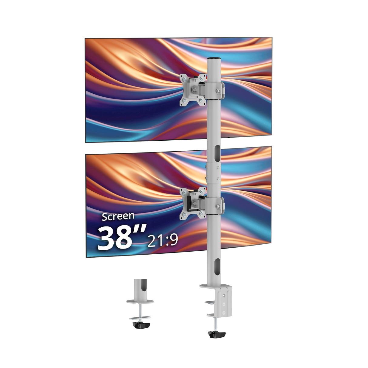 Dual 38 inch Stack Monitor Pole Mount - Gray- Heavy-Duty Mount for 13-38" Screens, up to 26.5 lbs each, VESA Plate 75x75mm, 100x100mm