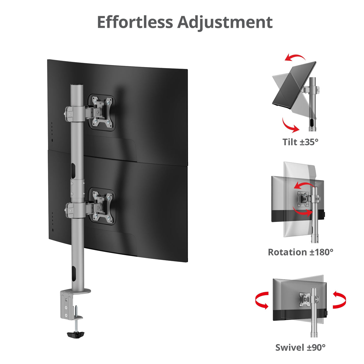 Dual 38 inch Stack Monitor Pole Mount - Gray- Heavy-Duty Mount for 13-38" Screens, up to 26.5 lbs each, VESA Plate 75x75mm, 100x100mm