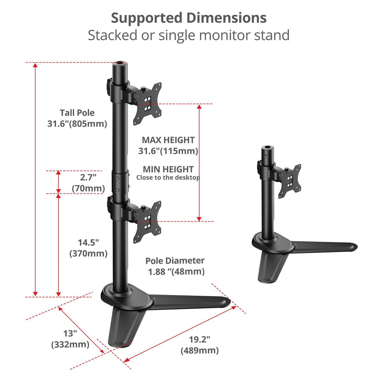 Dual Vertical Monitor Stand - Heavy-Duty Freestanding Mount for 13-38" Screens, up to 26.5 lbs each, VESA 75/100