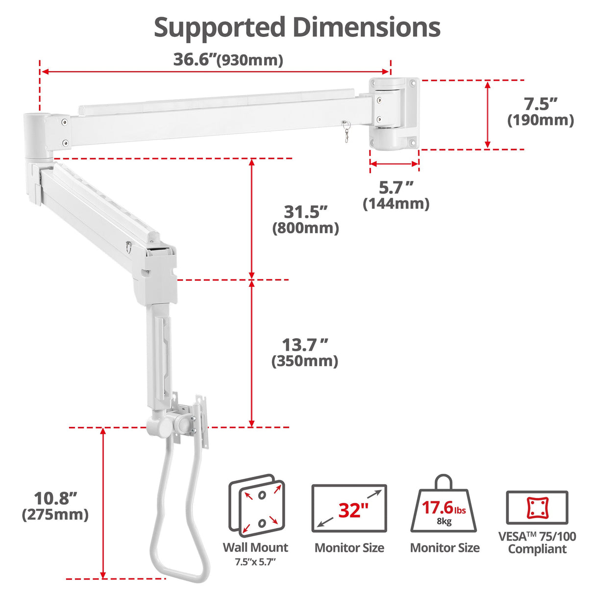 Medical Grade Single 32 inch Monitor Long Arm Wall Mount 17.6 lbs-White, VESA Plate 75x75mm,100x100mm