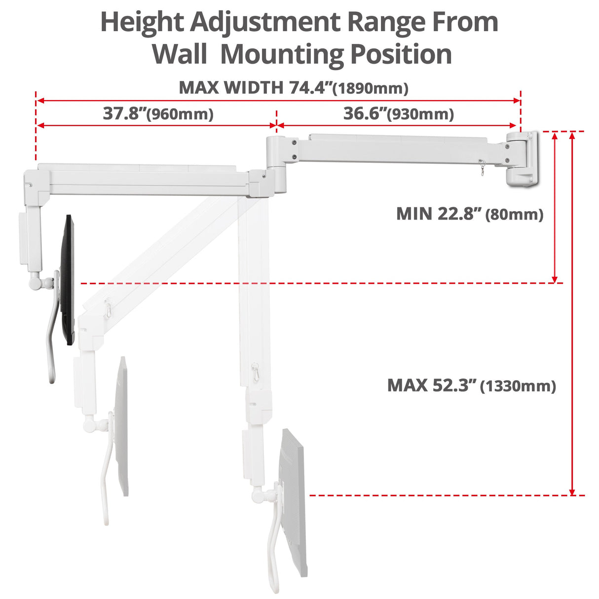 Medical Grade Single 32 inch Monitor Long Arm Wall Mount 17.6 lbs-White, VESA Plate 75x75mm,100x100mm