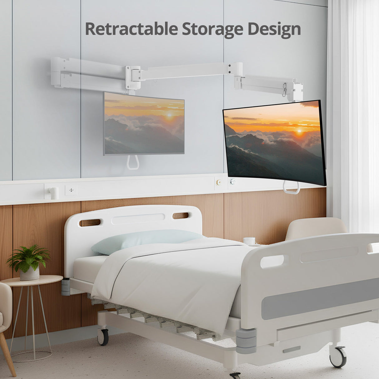 Medical Grade Single 32 inch Monitor Long Arm Wall Mount 17.6 lbs-White, VESA Plate 75x75mm,100x100mm