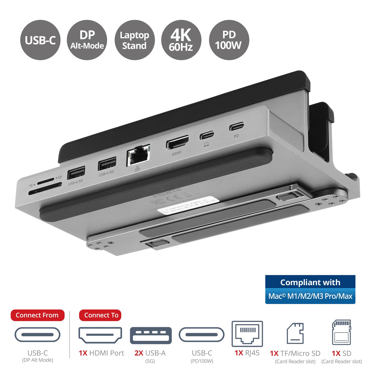 USB-C Laptop Stand with 4K Multitask Docking Station, HDMI display 4K@60Hz, 2xUSB-A 5Gbps, GbE, SD/Micro SD, PD 100W