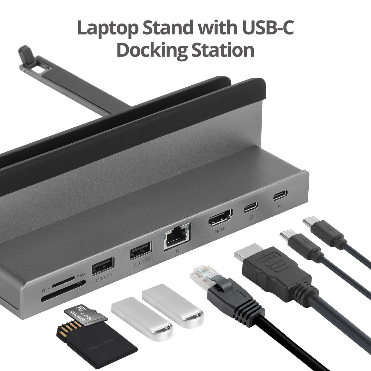 USB-C Laptop Stand with 4K Multitask Docking Station, HDMI display 4K@60Hz, 2xUSB-A 5Gbps, GbE, SD/Micro SD, PD 100W