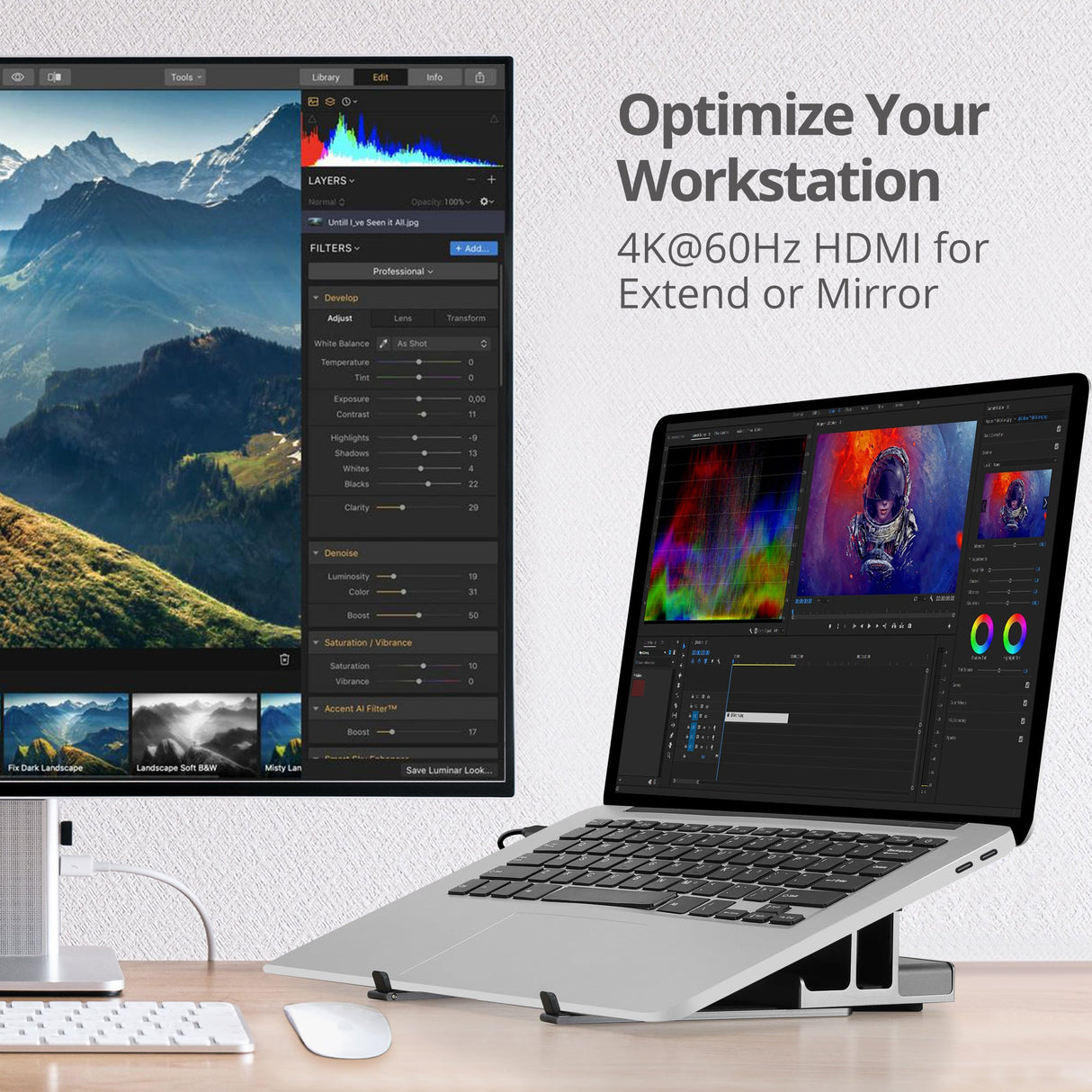 USB-C Laptop Stand with 4K Multitask Docking Station, HDMI display 4K@60Hz, 2xUSB-A 5Gbps, GbE, SD/Micro SD, PD 100W