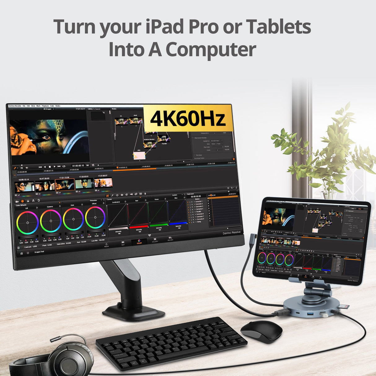 USB-C Multitask Hub Stand Holder fits under 13” Tablets/Phones, HDMI 4K@60Hz, 2xUSB-A & USB-C 5Gbps ports, 3.5mm headset jack, SD/Micro SD, PD 100W