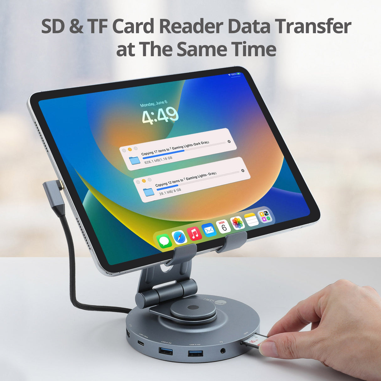 USB-C Multitask Hub Stand Holder fits under 13” Tablets/Phones, HDMI 4K@60Hz, 2xUSB-A & USB-C 5Gbps ports, 3.5mm headset jack, SD/Micro SD, PD 100W