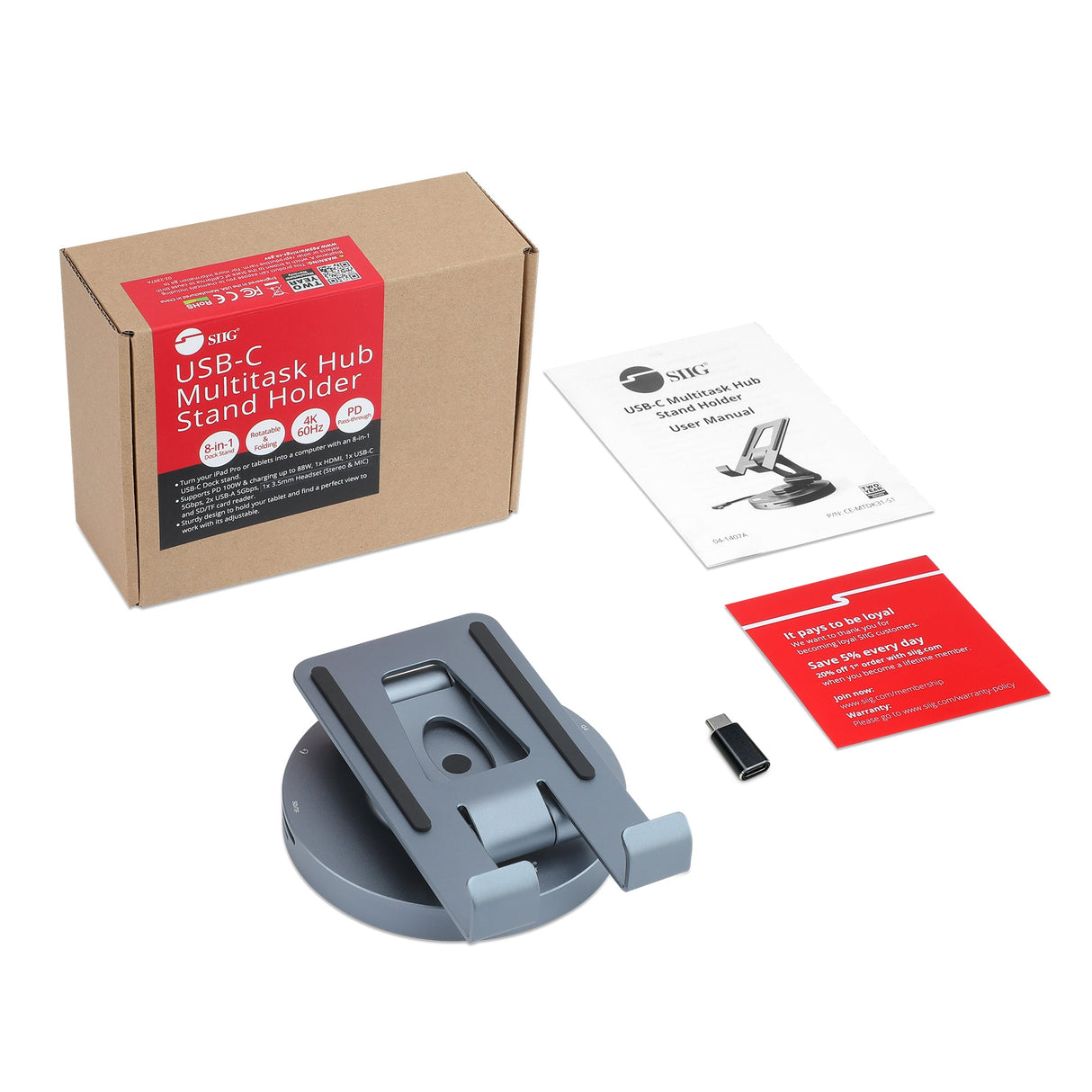 USB-C Multitask Hub Stand Holder fits under 13” Tablets/Phones, HDMI 4K@60Hz, 2xUSB-A & USB-C 5Gbps ports, 3.5mm headset jack, SD/Micro SD, PD 100W