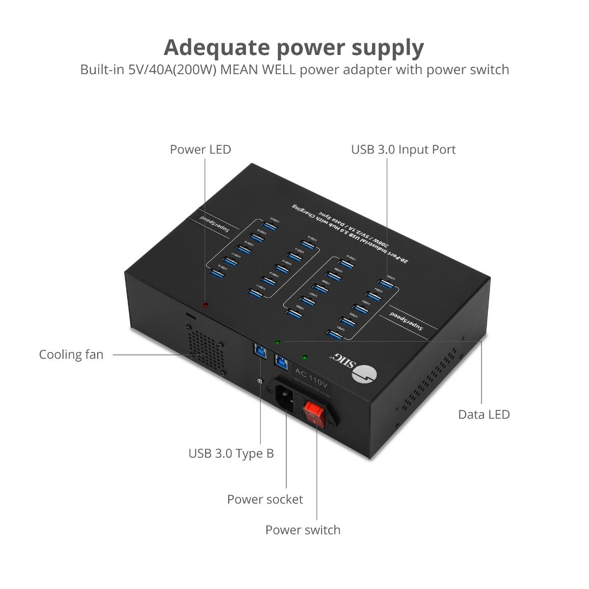 20-Port Industrial USB 3.0 Hub with Charging - 200W - 5Gbps with 5V/2.1A per port