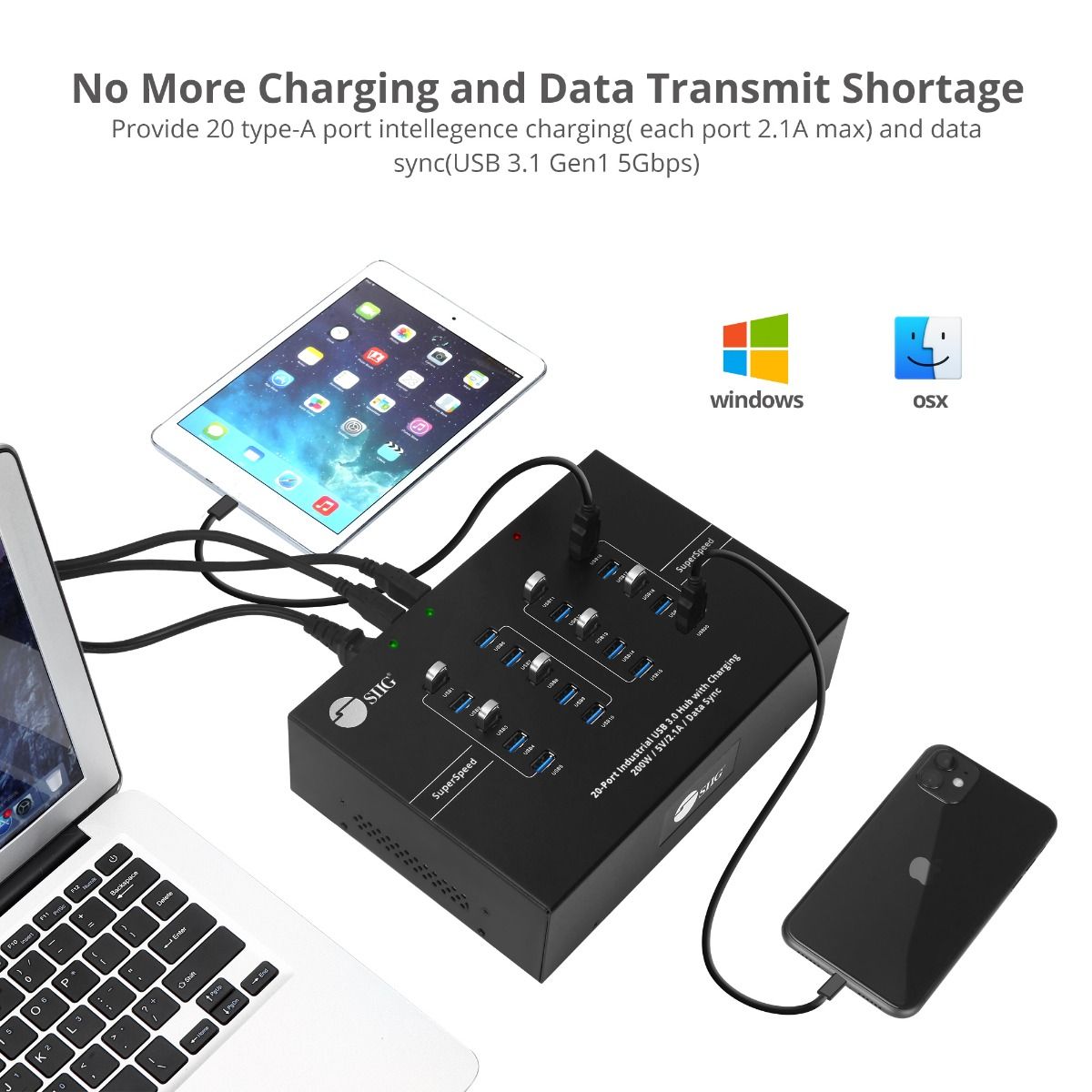 20-Port Industrial USB 3.0 Hub with Charging - 200W - 5Gbps with 5V/2.1A per port