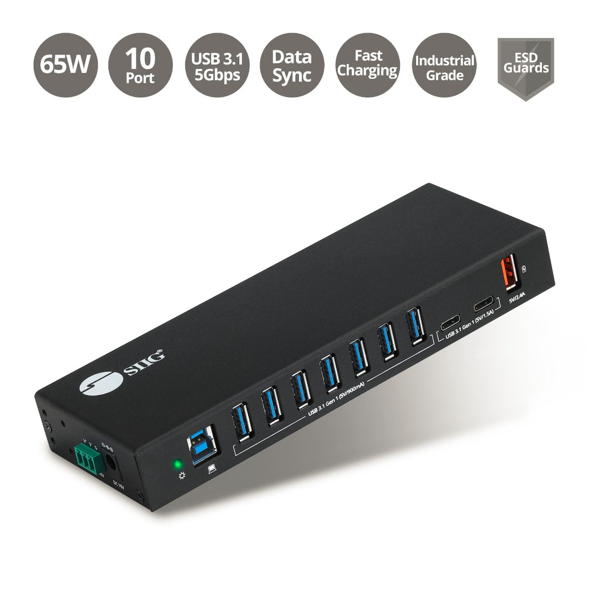 10-Port Industrial USB A&C 5Gbps Hub with Dual USB-C & Charging
