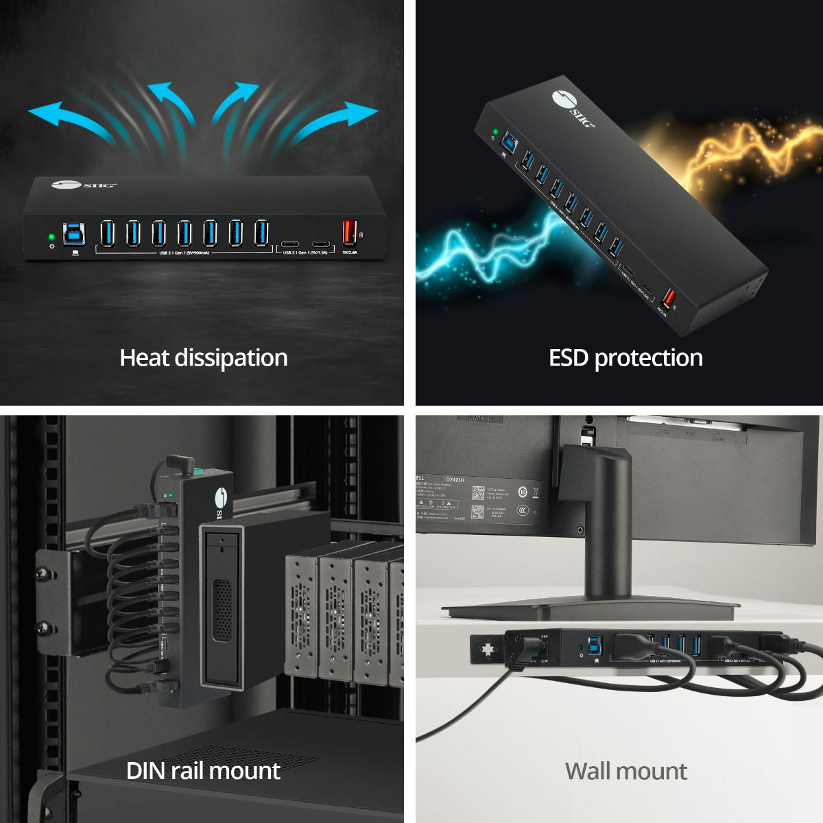 10-Port Industrial USB A&C 5Gbps Hub with Dual USB-C & Charging