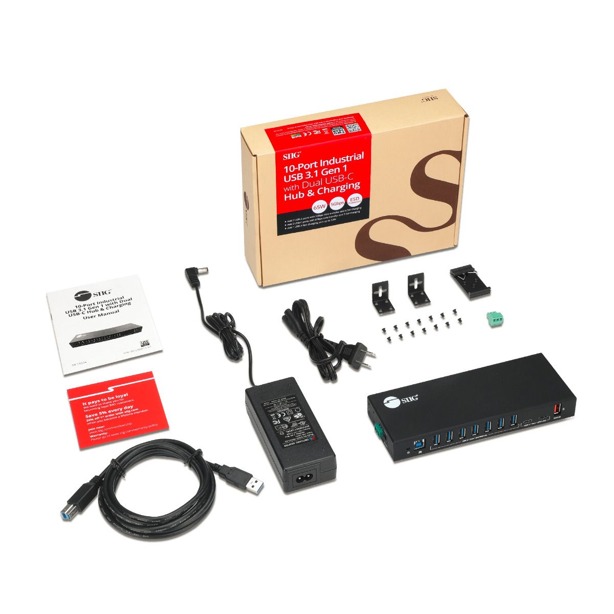 10-Port Industrial USB A&C 5Gbps Hub with Dual USB-C & Charging