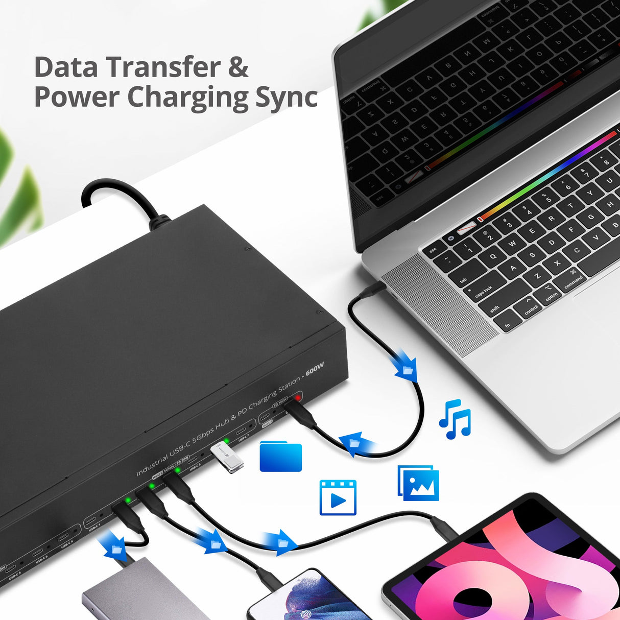 16-port Industrial 600W USB-C PD Charging Station with 5Gbps USB Hub - 2-port 100W & 14-port Charging up to 30W