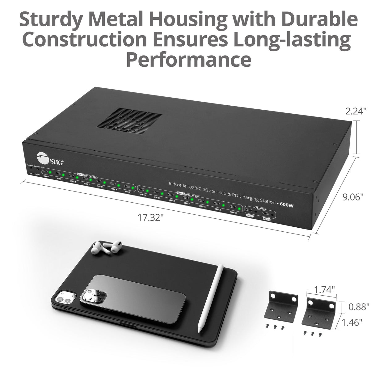 16-port Industrial 600W USB-C PD Charging Station with 5Gbps USB Hub - 2-port 100W & 14-port Charging up to 30W
