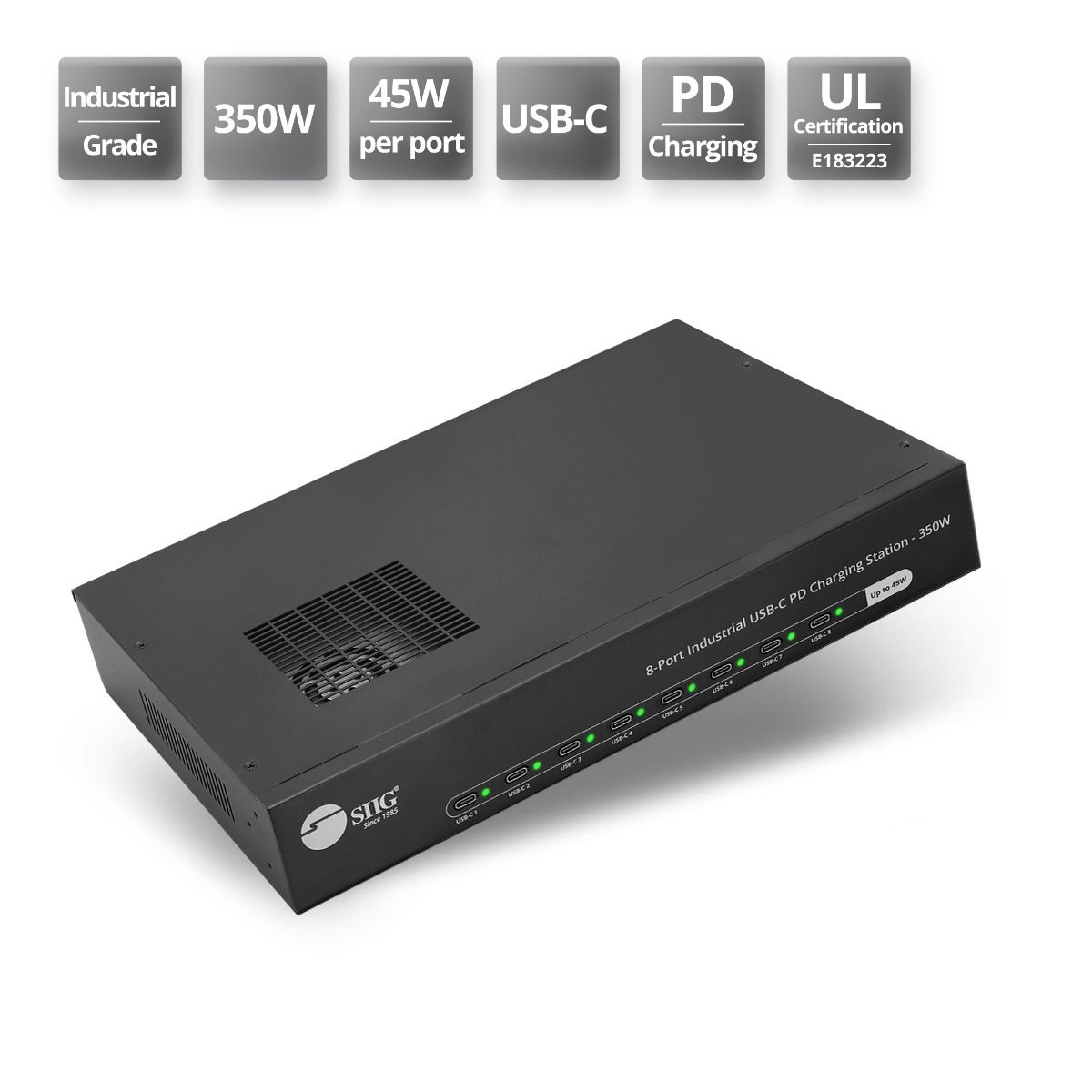 8-Port Industrial USB-C PD Charging Station - 350W, Up to 45W per port, UL Certification