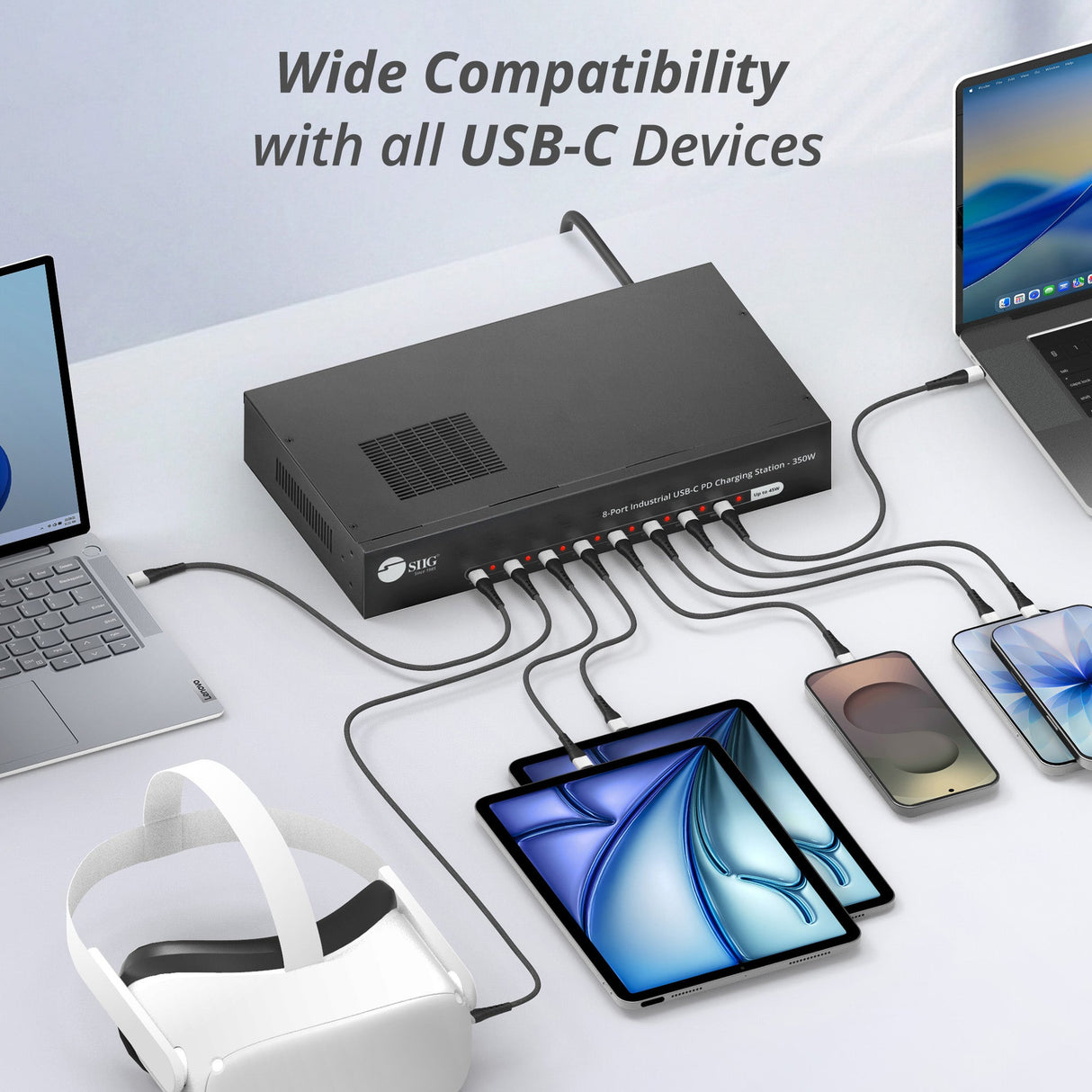 8-Port Industrial USB-C PD Charging Station - 350W, Up to 45W per port, UL Certification