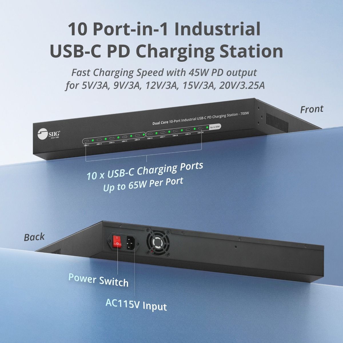 Dual Core 10-Port Industrial USB-C PD Charging Station - 700W, Up to 65W per port, Dual 350W power, UL certification
