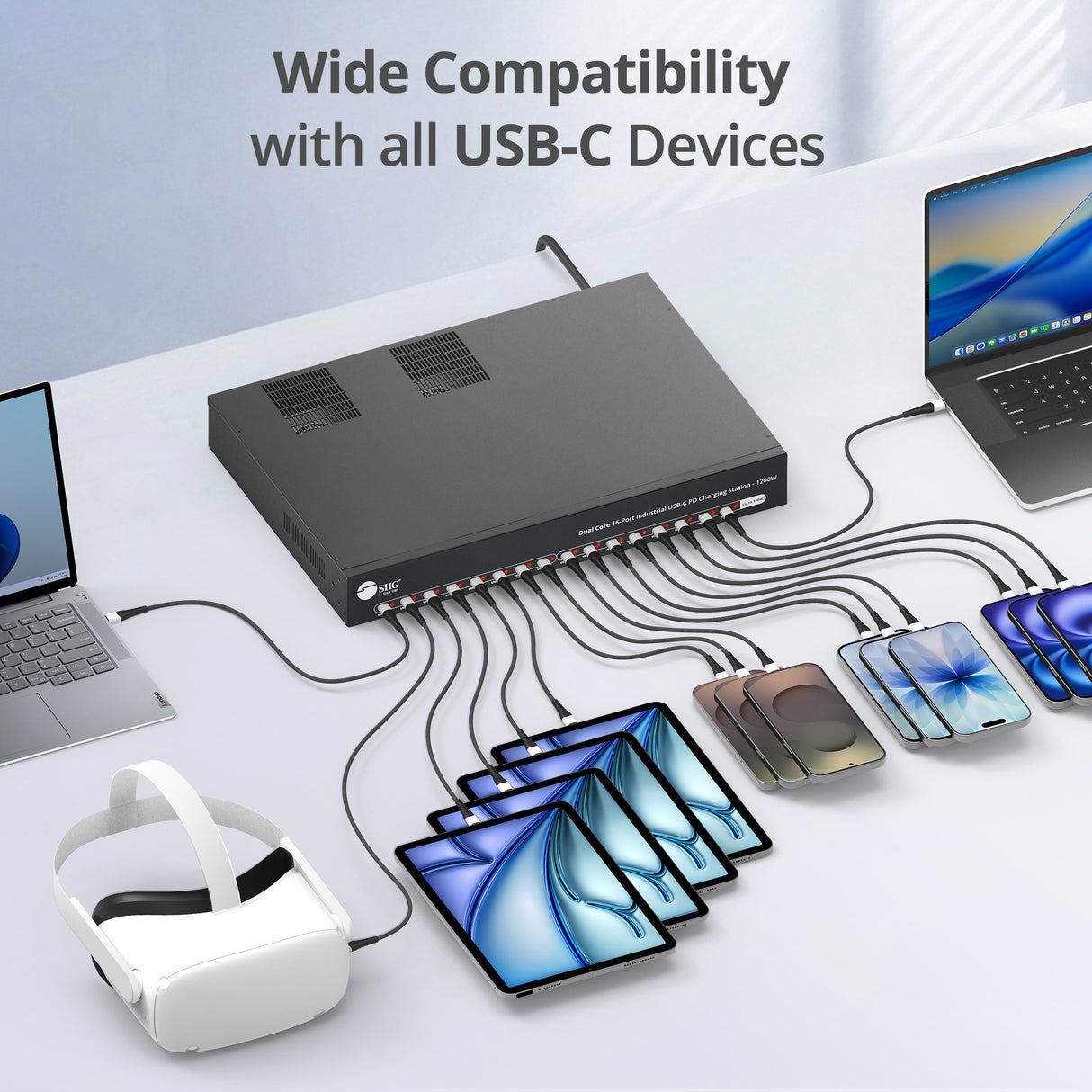 Dual Core 16-Port Industrial USB-C PD Charging Station - 1200W - Up to 10 port 100W or 16 port 65W