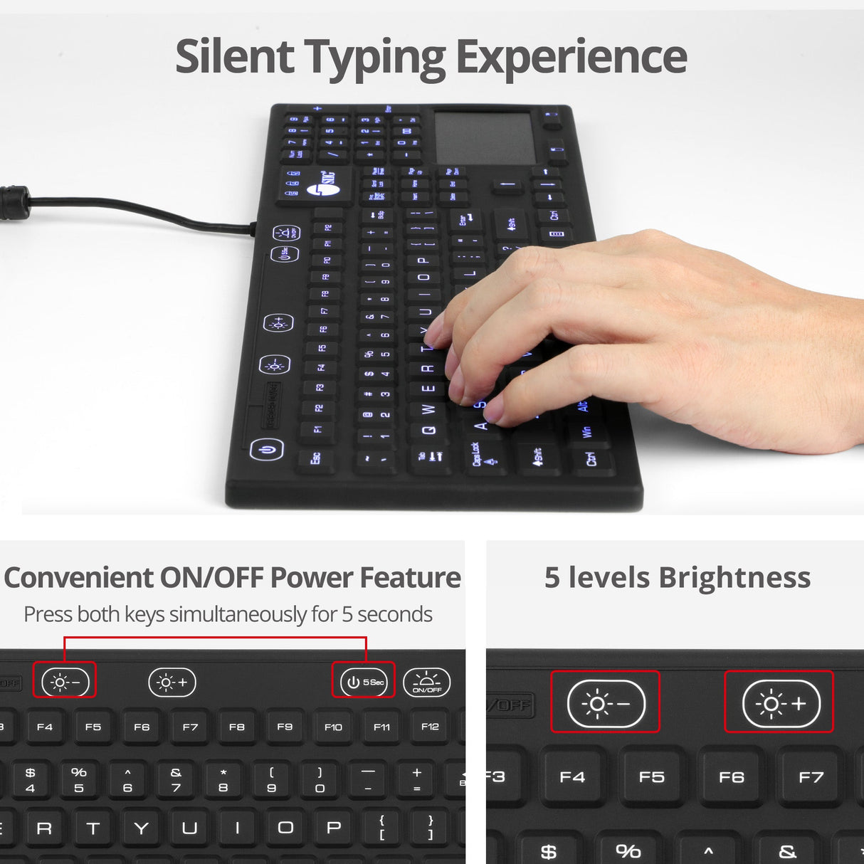 Industrial/Medical Grade Washable & Dustproof Keyboard with Touchpad, USB Keyboard, IP68 Compliant, 110-key Layout, 5 levels brightness, Silent Keycap, Silicone Material, Windows, Mac