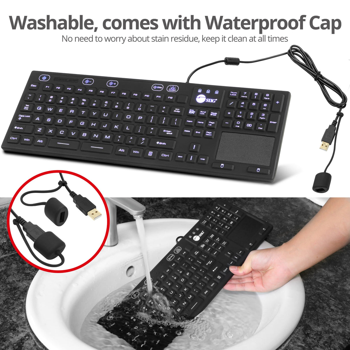 Industrial/Medical Grade Washable & Dustproof Keyboard with Touchpad, USB Keyboard, IP68 Compliant, 110-key Layout, 5 levels brightness, Silent Keycap, Silicone Material, Windows, Mac