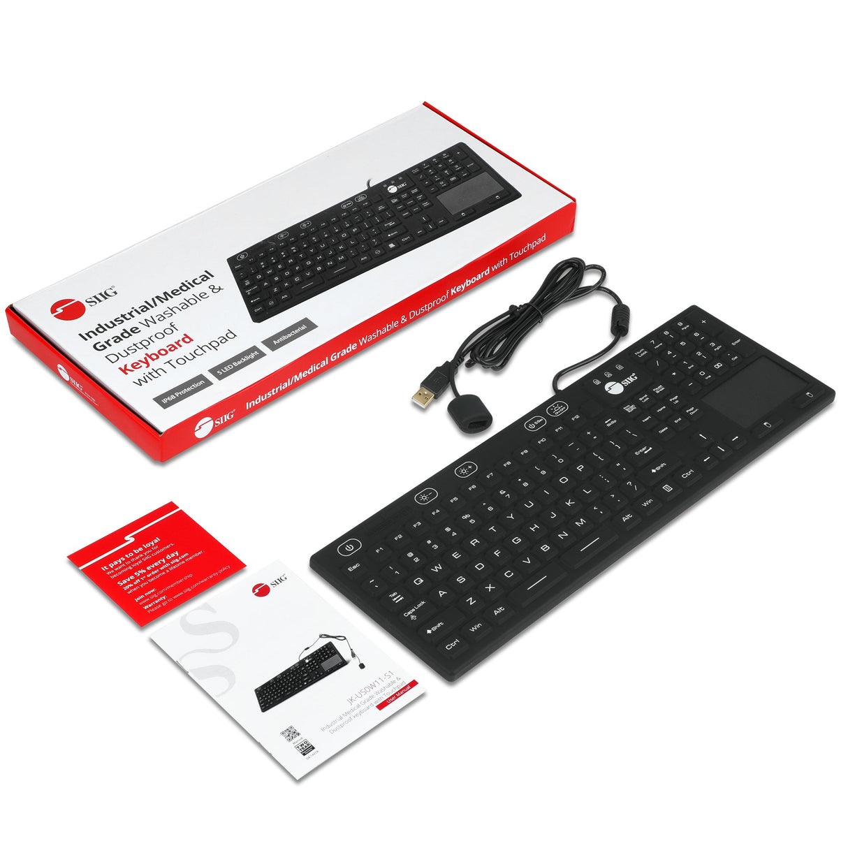 Industrial/Medical Grade Washable & Dustproof Keyboard with Touchpad, USB Keyboard, IP68 Compliant, 110-key Layout, 5 levels brightness, Silent Keycap, Silicone Material, Windows, Mac