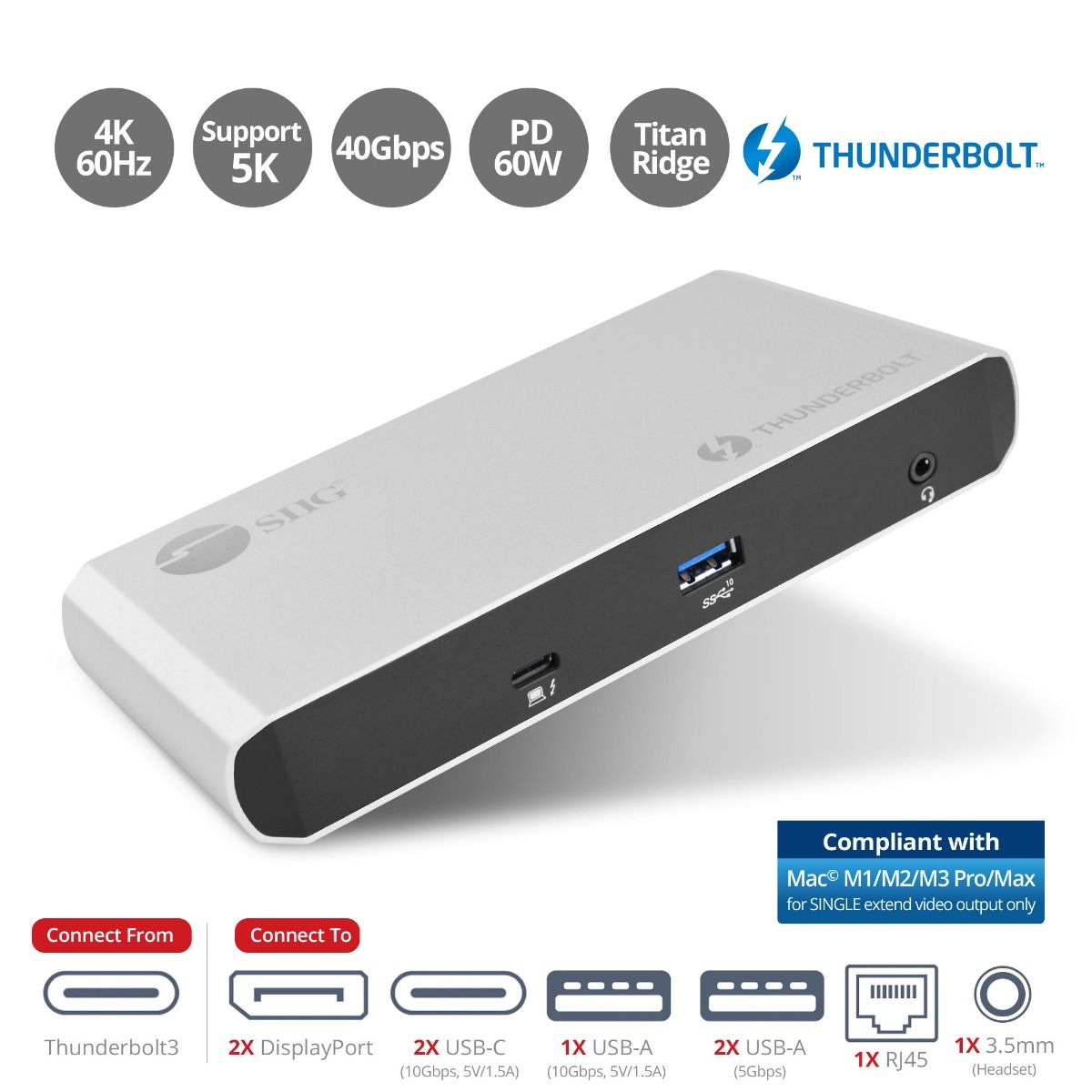 Thunderbolt 3 Dual DP 4K60Hz Video Docking Station with PD - Titan Ridge