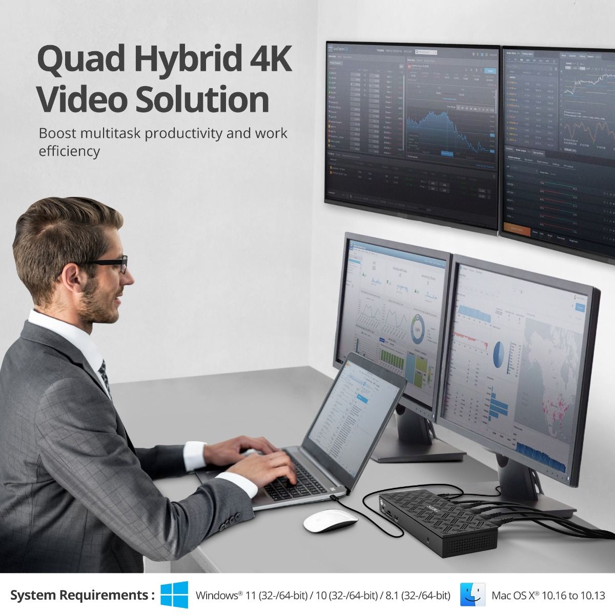 USB-C Quad Hybrid 4K Video Docking Station with PD- Windows & Mac M1/M2/M3 Pro/Max Compatible